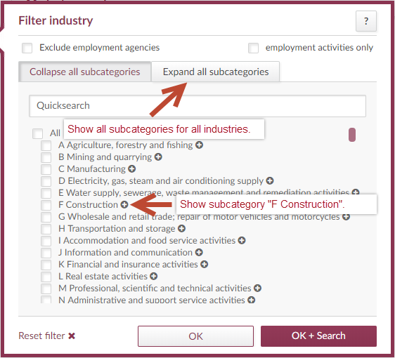 subcategories Filter function to collapse and expande industrie subcategories