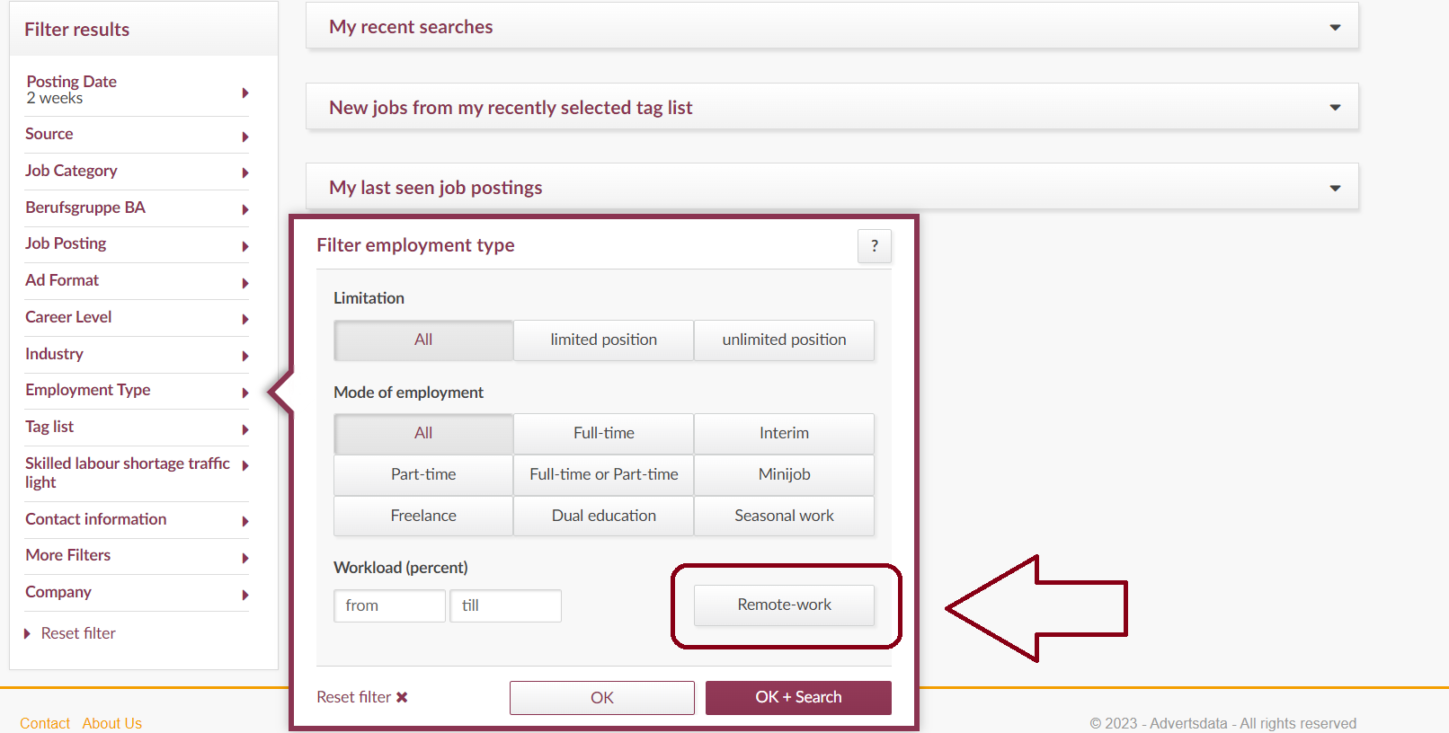 Remote_Englisch Function Filter employment type Remote-work