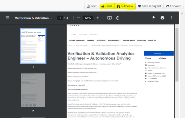 Job-advertisement-from-Volvo-Sweden job advertiseement "Verification & Validation Analytics Engeneer - Autonomous Driving" from Volvo Sweden